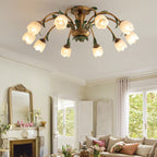 Traditional Rustic Floral Iron Glass 6/8/10 Light Semi-Flush Mount Ceiling Light For Living Room Lumendat