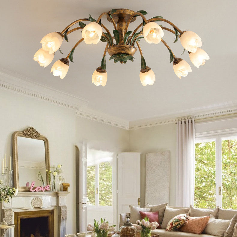Traditional Rustic Floral Iron Glass 6/8/10 Light Semi-Flush Mount Ceiling Light For Living Room Lumendat