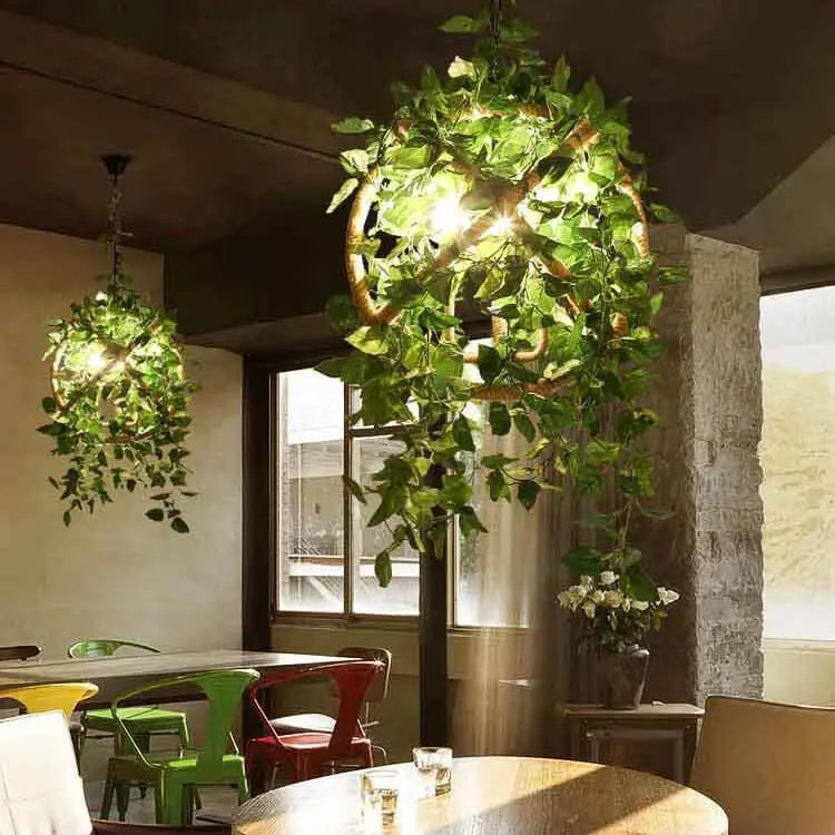 Industrial Vintage Simulation of Greenery Cherry Blossoms Iron Hemp Rope 3-light Chandelier Lumendat