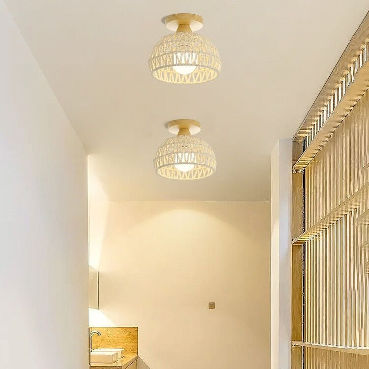 Traditional Japanese Rattan Art Round 1-Light Semi-Flush Mount Ceiling Light For Entryway Lumendat