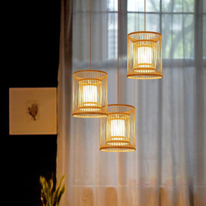 Traditional Chinese Round Vertical Bamboo 1-light Pendant Light for Living Room