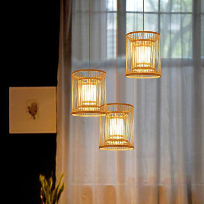 Traditional Chinese Round Vertical Bamboo 1-light Pendant Light for Living Room