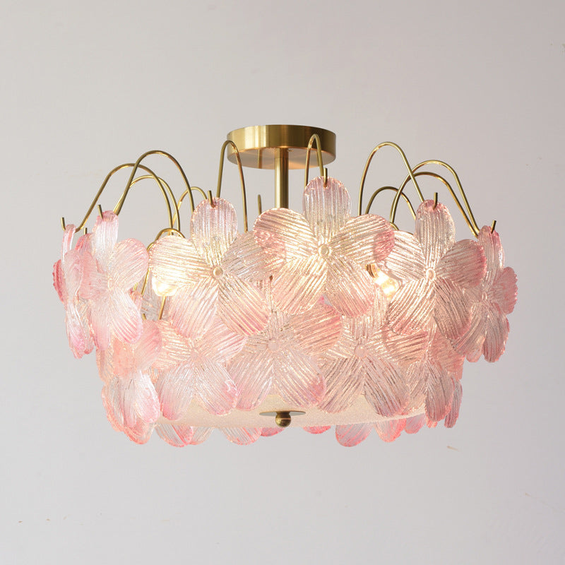 Traditional French Iron Glass Round Flower 5/6 Light Semi-flush Mount Ceiling Light for Living Room