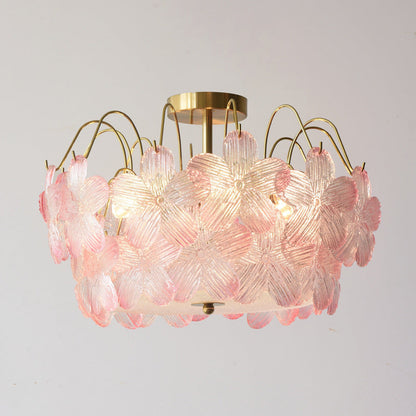 Traditional French Iron Glass Round Flower 5/6 Light Semi-flush Mount Ceiling Light for Living Room