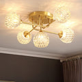 Mid-century Modern Round Copper Crystal Glass 5-light Semi-flush Mount Ceiling Light