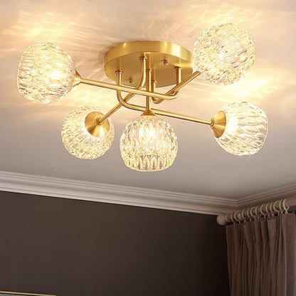 Mid-century Modern Round Copper Crystal Glass 5-light Semi-flush Mount Ceiling Light