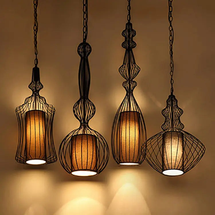 Contemporary Industrial Cage Iron Fabric 1-light Pendant Light for Living Room BulbSquare