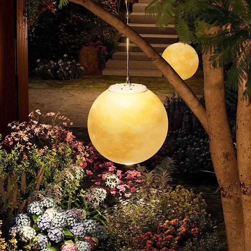 Contemporary Nordic Solar Waterproof Pe Resin Round Moon LED Pendant Light for Outdoor Patio Lumendat