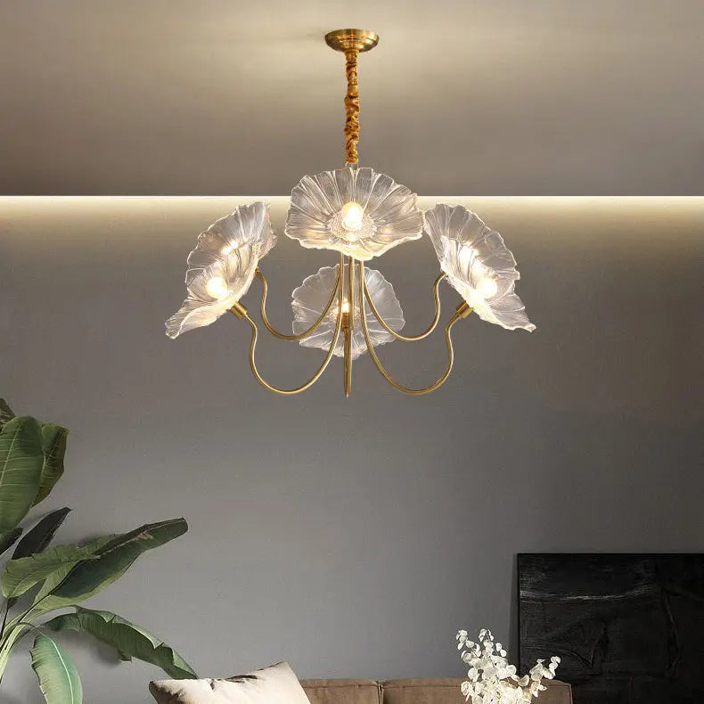Modern Art Deco Gold Finish Frame Lotus Leaf Glass Shade 3/6-light Chandelier for Living Room Lumendat