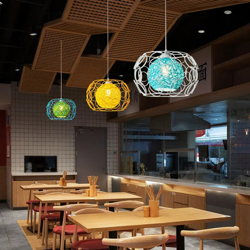Modern Minimalist Weaving Hemp Ball Iron Drum 1-light Pendant Light for Living Room BulbSquare