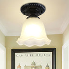 Contemporary Retro Floral Bell Round Iron Glass 1-Light Semi-Flush Mount Ceiling Light For Hallway Lumendat
