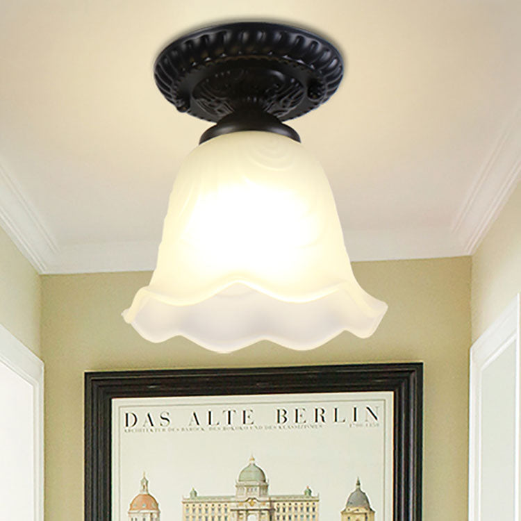 Contemporary Retro Floral Bell Round Iron Glass 1-Light Semi-Flush Mount Ceiling Light For Hallway Lumendat
