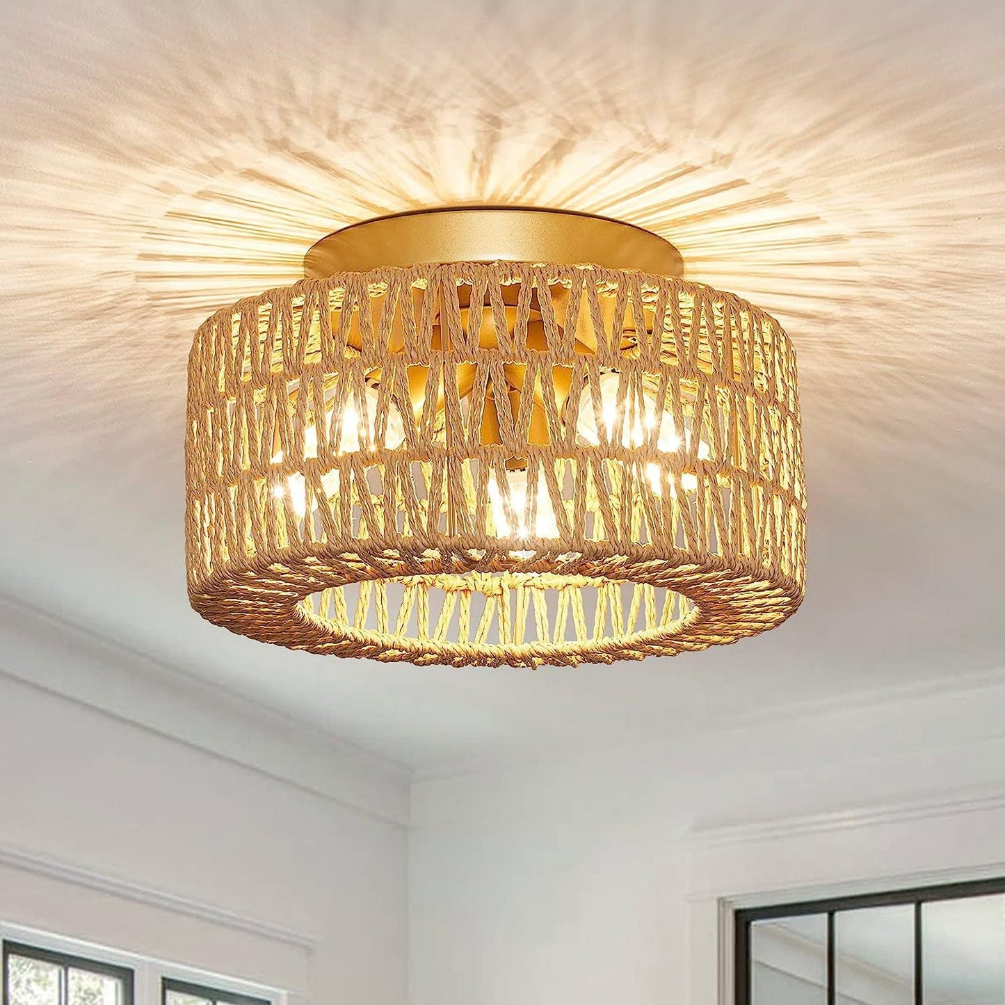 Contemporary Boho Rattan Weaving Cage 3-light Semi-flush Mount Ceiling Light for Living Room