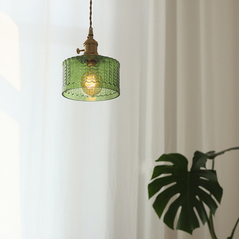 Contemporary Nordic Brass Iron Glass Clear Round Drum Copper 1-Light Pendant Light For Living Room & Bedroom Lumendat