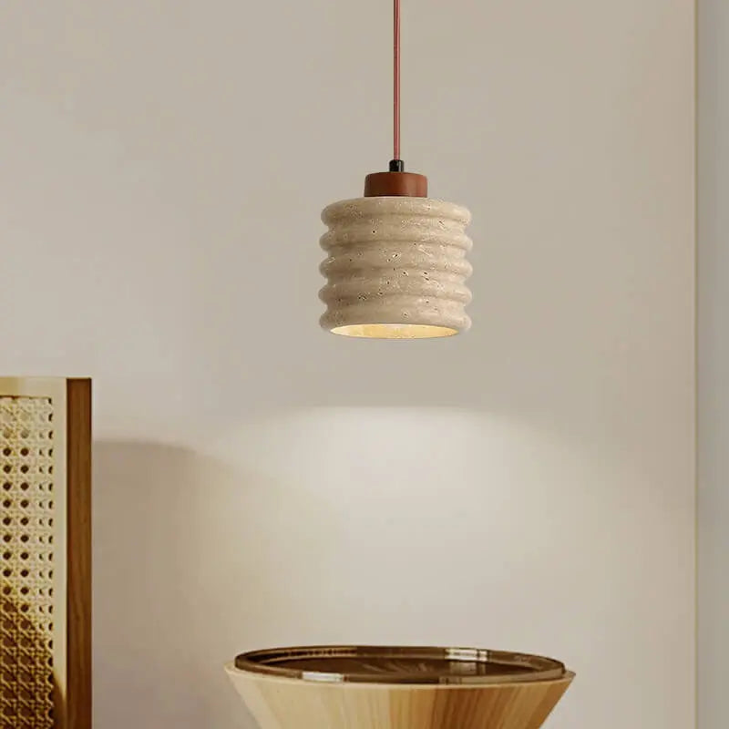 Japanese Wabi-sabi Yellow Travertine Cylinder Lampshade Wood 1-light Pendant Light Lumendat
