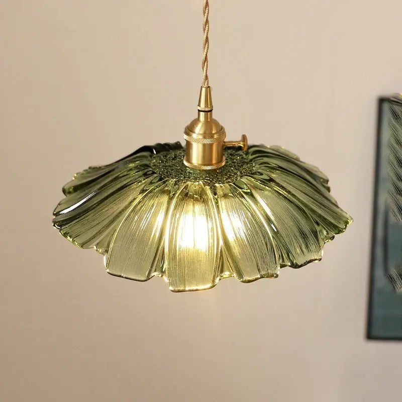 Traditional Vintage Lotus Leaf Glass Brass 1-light Pendant Light for Living Room BulbSquare