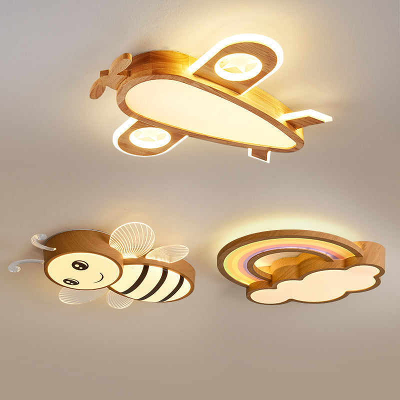Lumendat Contemporary Creative Woodgrain Cartoon Animal Bee Aircraft Acrylic LED Kids Flush Mount Ceiling Light For Living Room Lumendat