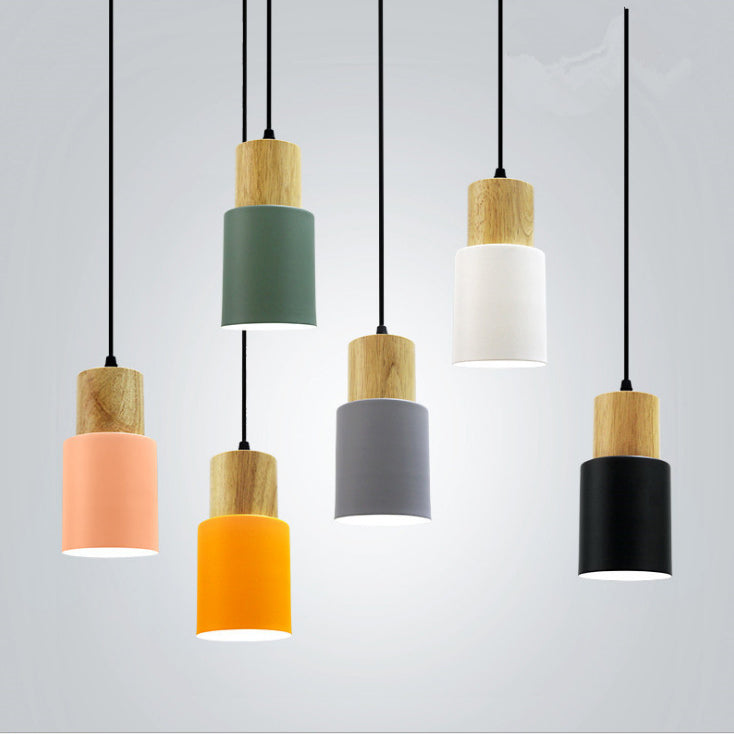 Contemporary Nordic Cylinder Metal Wood 1-light Pendant Light for Living Room