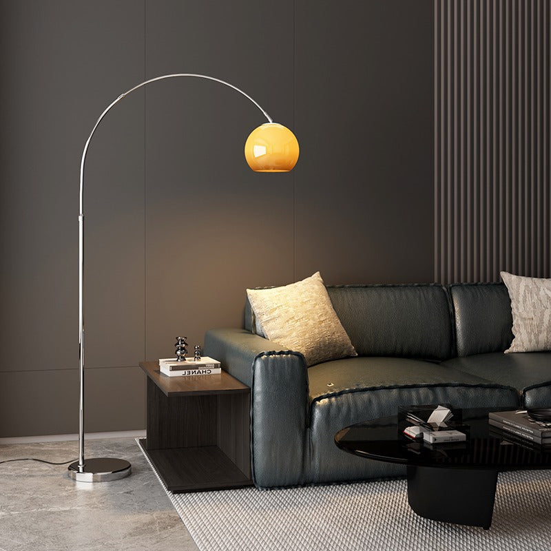 Contemporary Scandinavian Glass Round Shade Fishing Rod Iron 1-Light Standing Floor Lamp For Living Room Lumendat