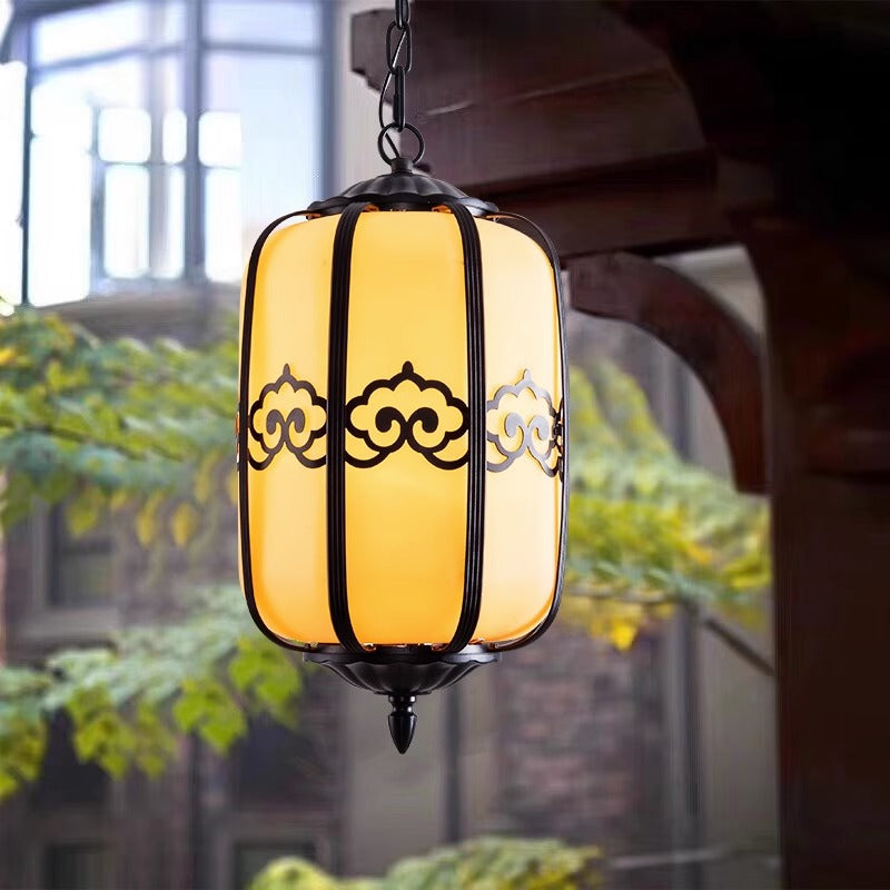 Traditional Chinese Imitation Marble Lantern Shade Aluminum 1-light Waterproof Pendant Light for Outdoor Patio