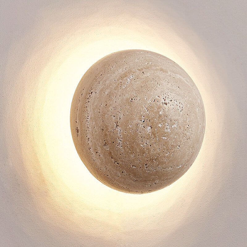 Traditional Japanese Round Yellow Travertine Wabi-Sabi LED Wall Sconce Lamp For Hallway Lumendat