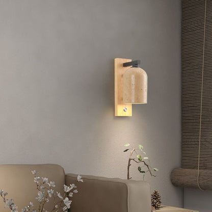 Japanese Vintage Stone Cylinder Wooden Base 1-Light Wall Sconce Lamp