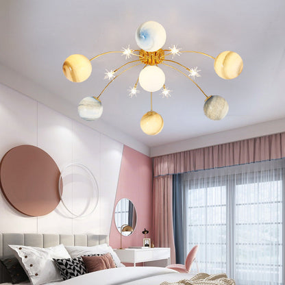 Contemporary Creative Starry Sky Moon Iron Glass 13-light Semi-flush Mount Ceiling Light for Bedroom