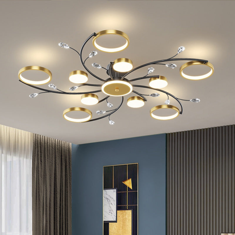 Modern Luxury Branch Round Metal Iron Acrylic Crystal Silicone LED Semi-flush Mount Ceiling Light for Living Room