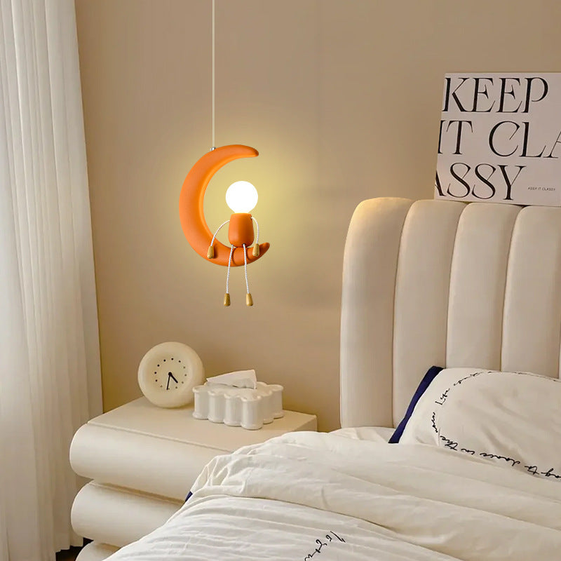 Lumendat Contemporary Nordic Kids Iron Resin Glass Moon Doll 1-Light Pendant Light For Bedside Lumendat