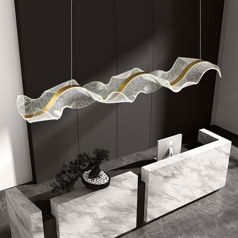 Contemporary Creative Rectangle Wave Ribbon Metal Acrylic LED Island Light Chandelier for Dining Room