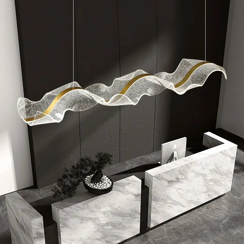 Contemporary Creative Rectangle Wave Ribbon Metal Acrylic LED Island Light Chandelier for Dining Room BulbSquare