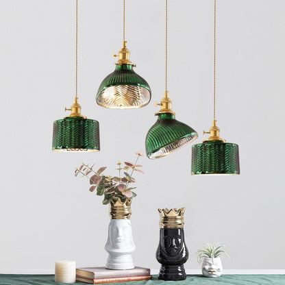 Nordic Vintage Tiffany Green Glass Island Chandelier – 1/2/3 Light, Brass