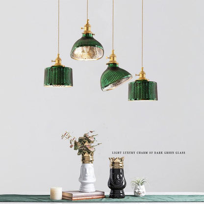 Nordic Vintage Tiffany Green Glass Island Chandelier – 1/2/3 Light, Brass