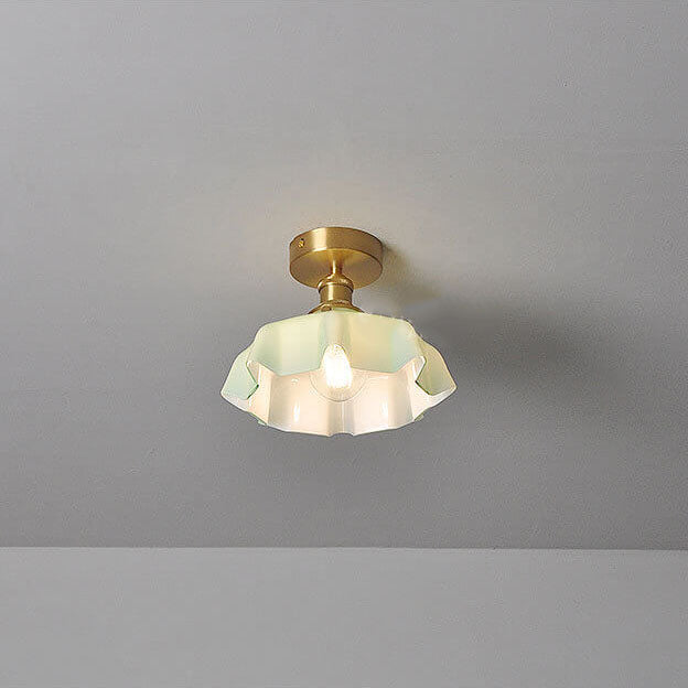 Japanese Vintage Cream Glass Floral Brass 1-Light Semi-Flush Mount Ceiling Light Lumendat