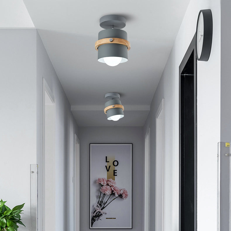Contemporary Nordic Round Cylinder Iron Solid Wood 1-Light Semi-Flush Mount Ceiling Light For Hallway Lumendat