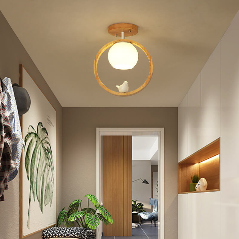 Modern Japanese Minimalist Log Bird Round 1-Light Semi-Flush Mount Ceiling Light Lumendat