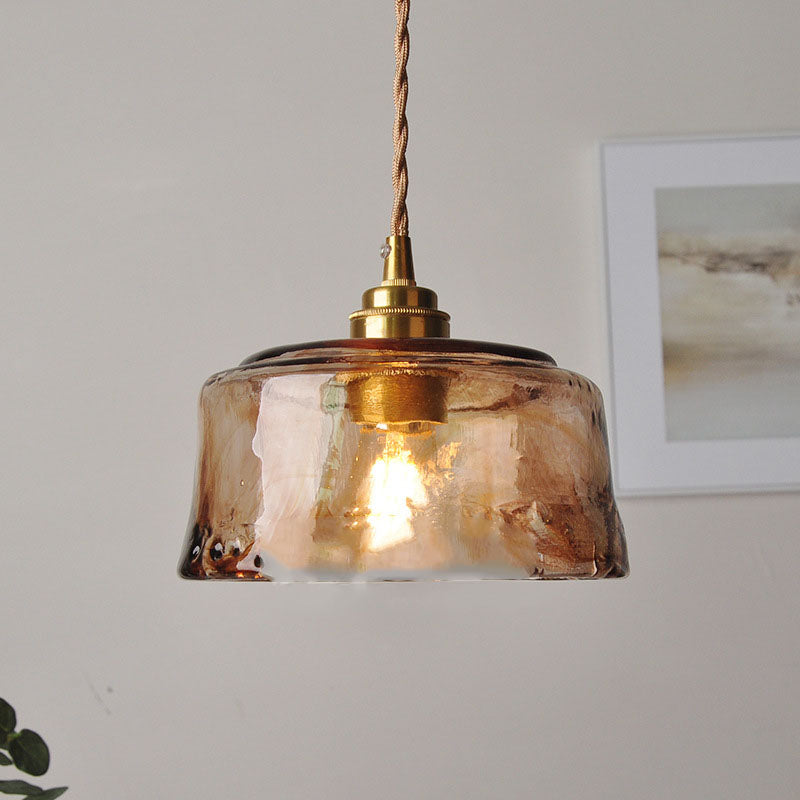 Traditional Vintage Amber Drum Round Glass Brass 1-Light Pendant Light For Living Room Lumendat