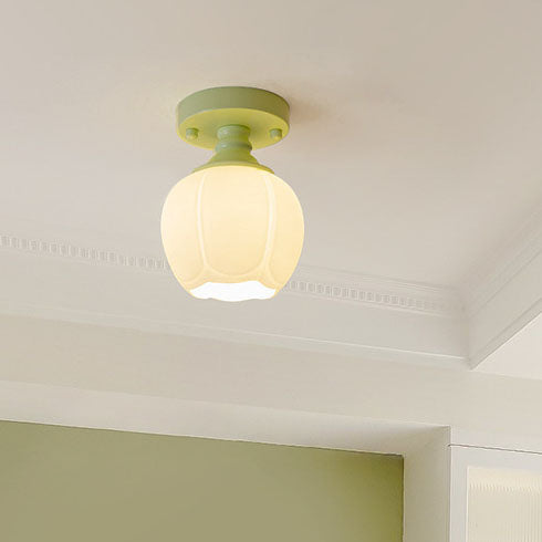 Nordic Fresh Green Floral Glass 1-light Semi-flush Mount Ceiling Light