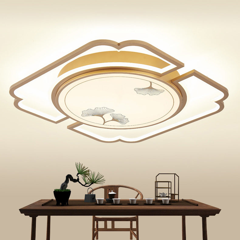 Traditioanl Chinese Iron Aluminum Acrylic Round Rectangular Square Ginkgo Leaf LED Semi-Flush Mount Ceiling Light For Living Room