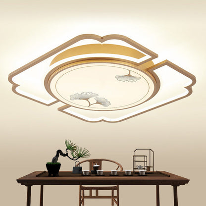 Traditioanl Chinese Iron Aluminum Acrylic Round Rectangular Square Ginkgo Leaf LED Semi-Flush Mount Ceiling Light For Living Room
