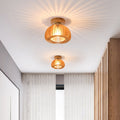Traditional Japanese Iron Wood Round Grille 1-Light Semi-Flush Mount Ceiling Light For Hallway