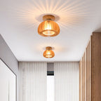 Traditional Japanese Iron Wood Round Grille 1-Light Semi-Flush Mount Ceiling Light For Hallway