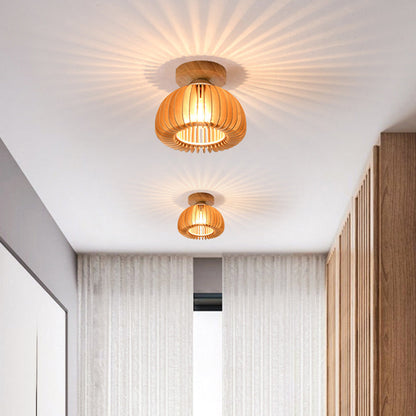 Traditional Japanese Iron Wood Round Grille 1-Light Semi-Flush Mount Ceiling Light For Hallway