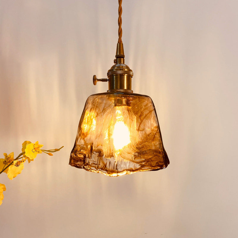 Traditional Vintage Amber Square Glass Brass 1-light Pendant Light for Living Room BulbSquare