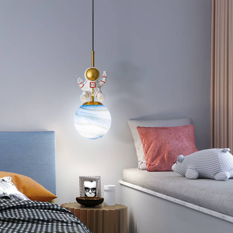 Contemporary Nordic Kids Orb Astronaut Iron Resin 1-light Pendant Light for Bedroom BulbSquare