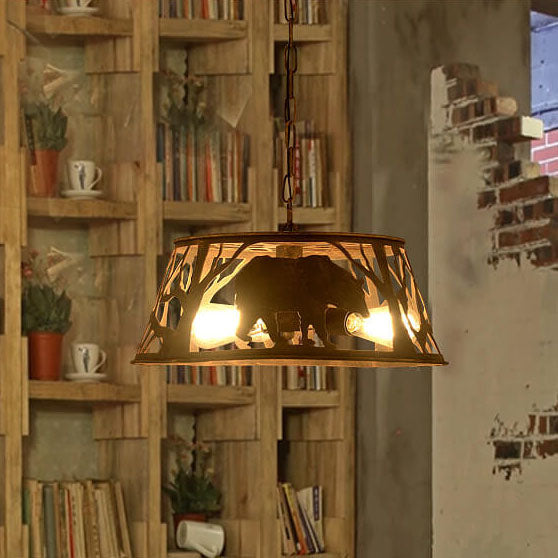 Traditional Vintage Round Trapezoidal Animal Iron 1-light Pendant Light for Living Room BulbSquare