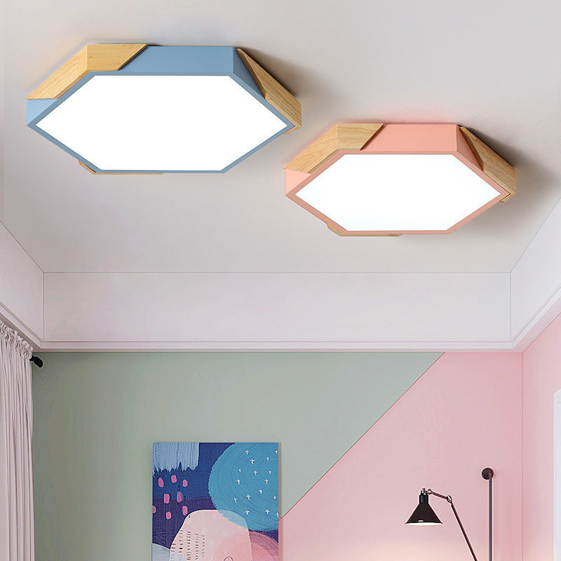 Contemporary Scandinavian Hexagonal Wood Grain Iron LED Flush Mount Ceiling Light for Bedroom