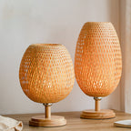 Traditional Chinese Moso Bamboo Wood Iron Weaving Oval Round 1-Light Table Lamp For Bedroom Lumendat