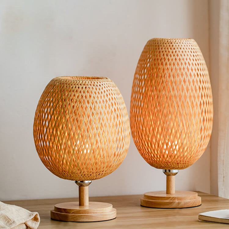 Traditional Chinese Moso Bamboo Wood Iron Weaving Oval Round 1-Light Table Lamp For Bedroom Lumendat