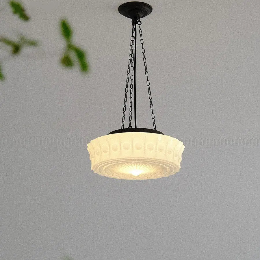 Traditional French Iron Glass Stripes Round Drum LED Semi-flush Mount Ceiling Light for Living Room & Bedroom Lumendat